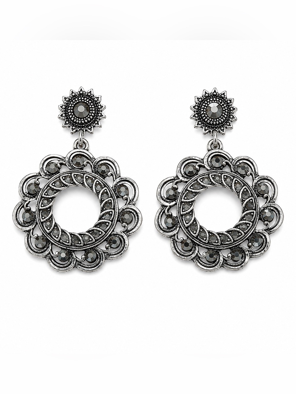Boutique Style Silver Tone Rhinestone Filigree Circle Drop Earrings